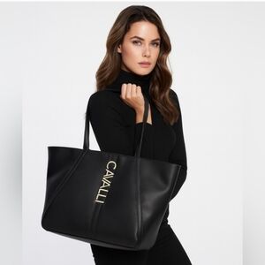 Roberto Cavalli Sandra Shopper Black Leather Logo Tote